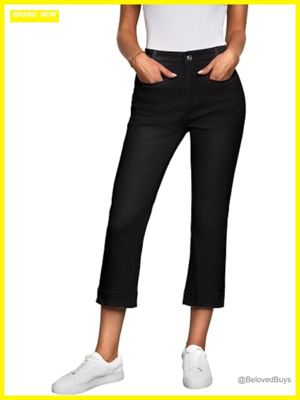 High Waisted Slim Straight Stretch Denim Capris with Welt Pockets
